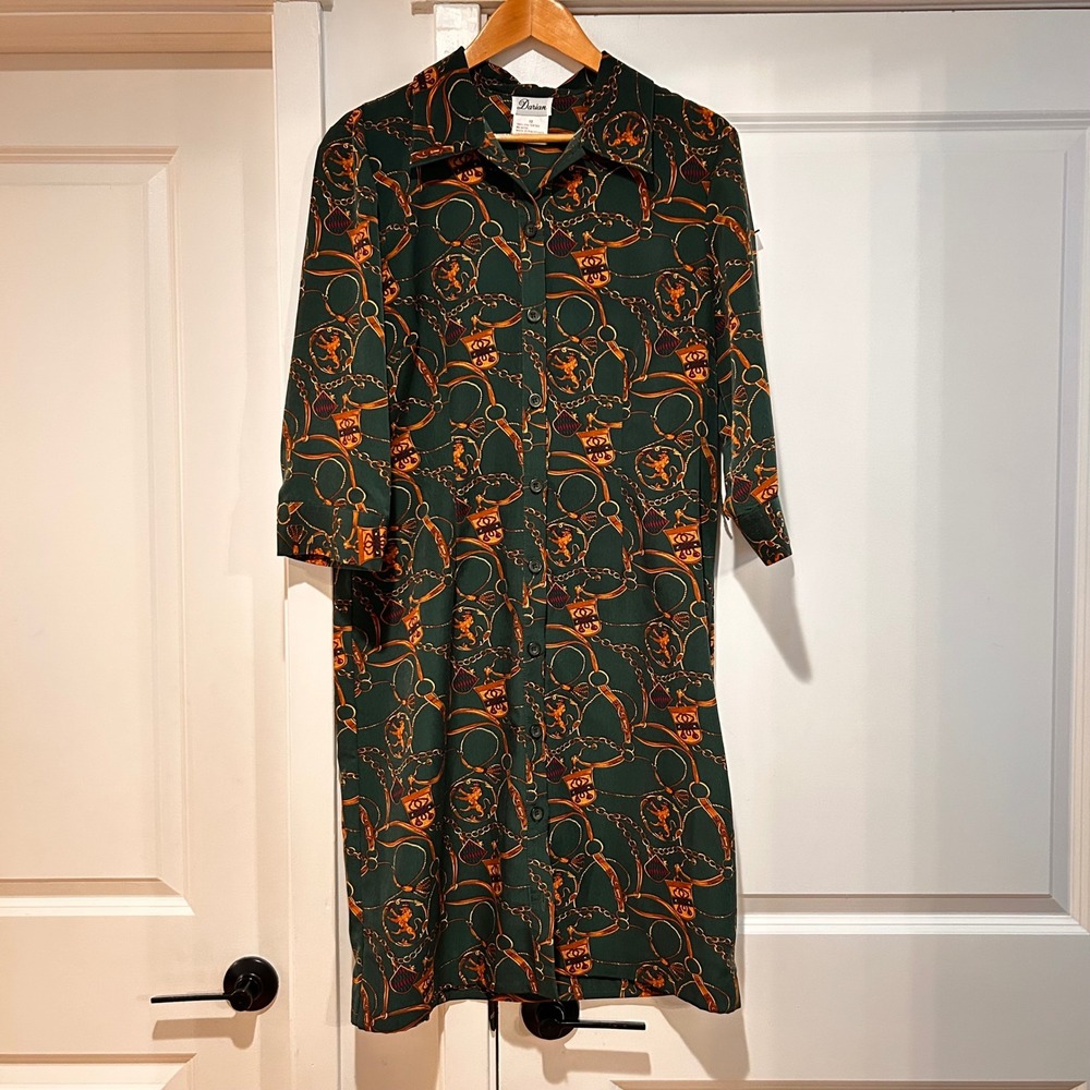 Vintage Darian Green Equestrian Print Shirt Dress Women's 12‎ Old Money Heritage